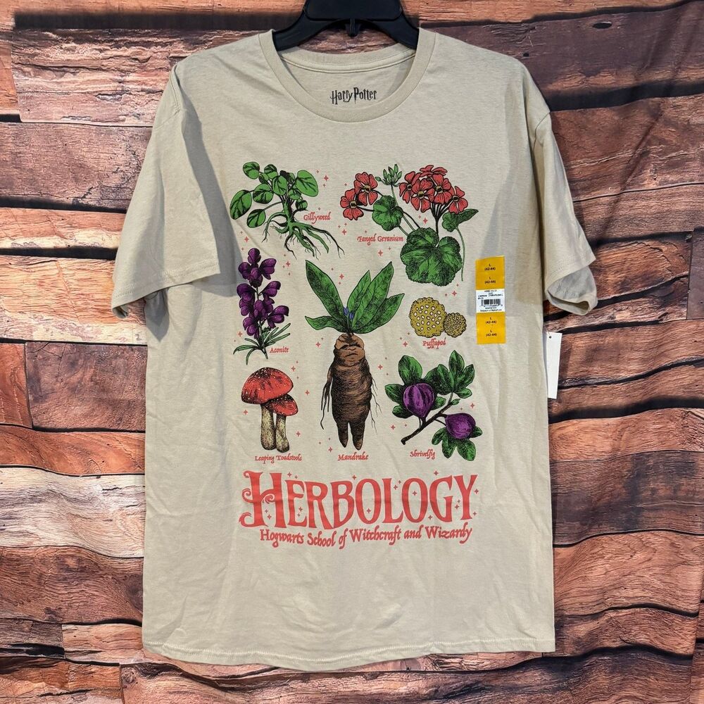 Harry Potter T-Shirt Men's Beige L (42/44) Herbology Graphic 100% Cotton